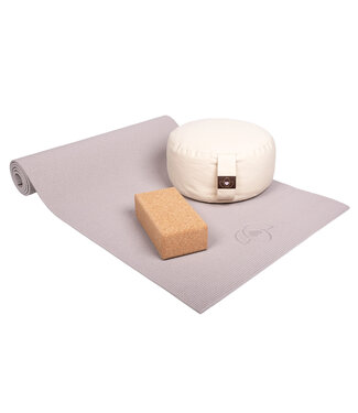 Lotus Starterspakket yogamat taupe, sand meditatiekussen en blok