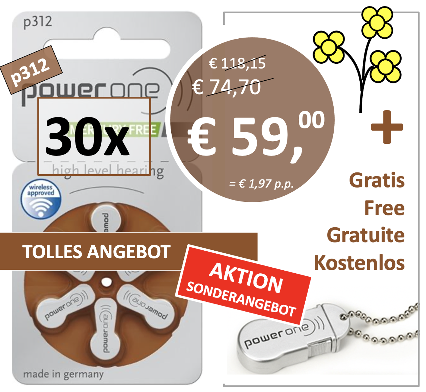 PowerOne p312 - 30 Päckchen mit kostenlosem Batteriebox Schlüsselbund -  HÖRbatterien.eu