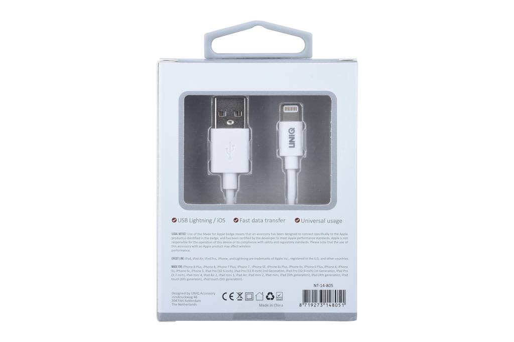 UNIQ Accessory UNIQ Accessory MFI Lightning USB Kabel 2.4A (1m) - Wit, foto 4 van 4