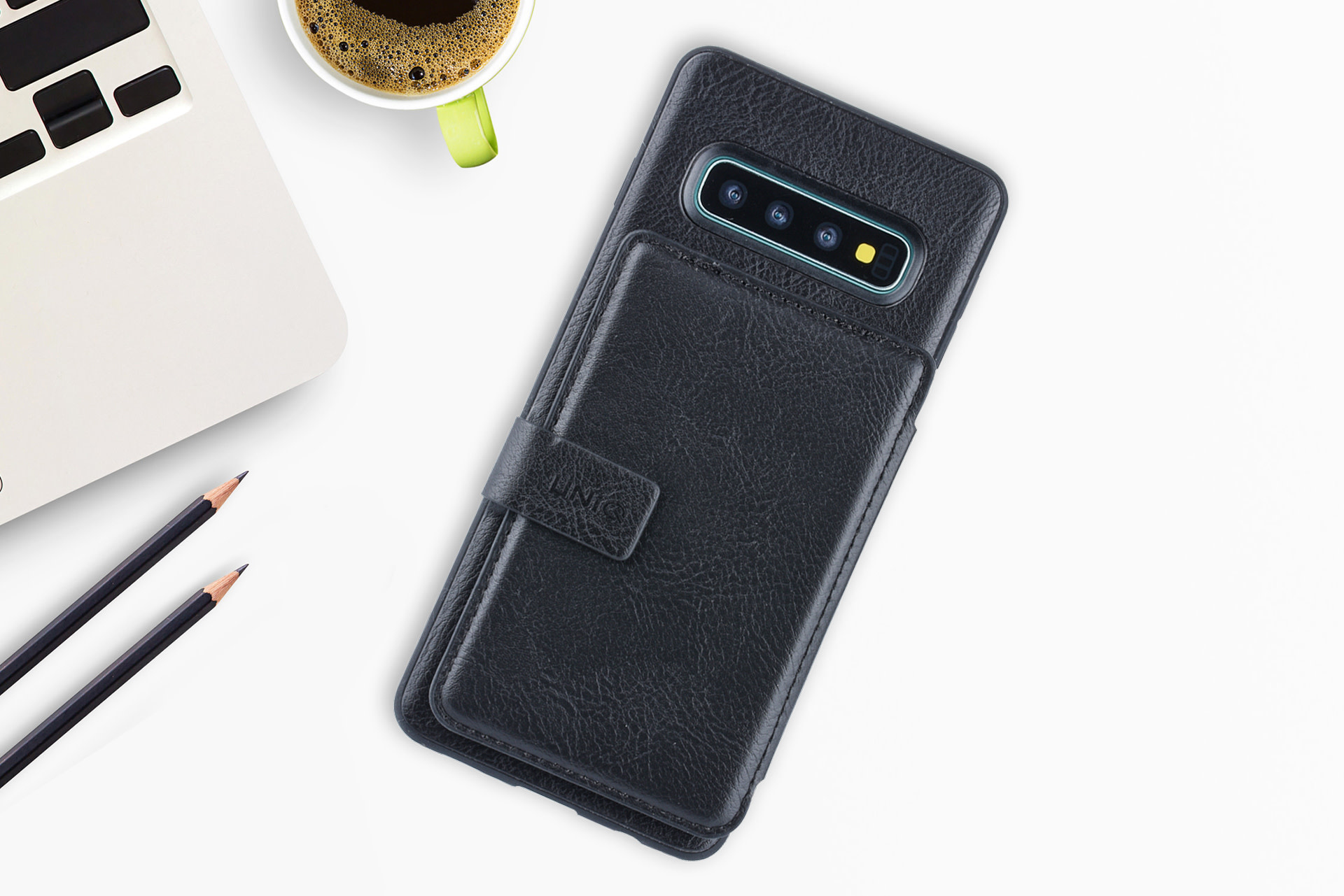 UNIQ Accessory UNIQ Accessory Galaxy S10 Plus Kunstleer Backcover hoesje met clip pasjeshouder - Zwart
