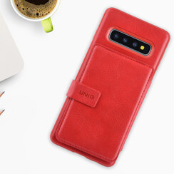 UNIQ Accessory Galaxy S10 Plus Kunstleer Backcover hoesje met clip pasjeshouder - Rood