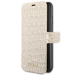 Guess Beige hoesje iPhone Xs Max - Book Case - Echt leer - GUFLBKSI65CSCROBE