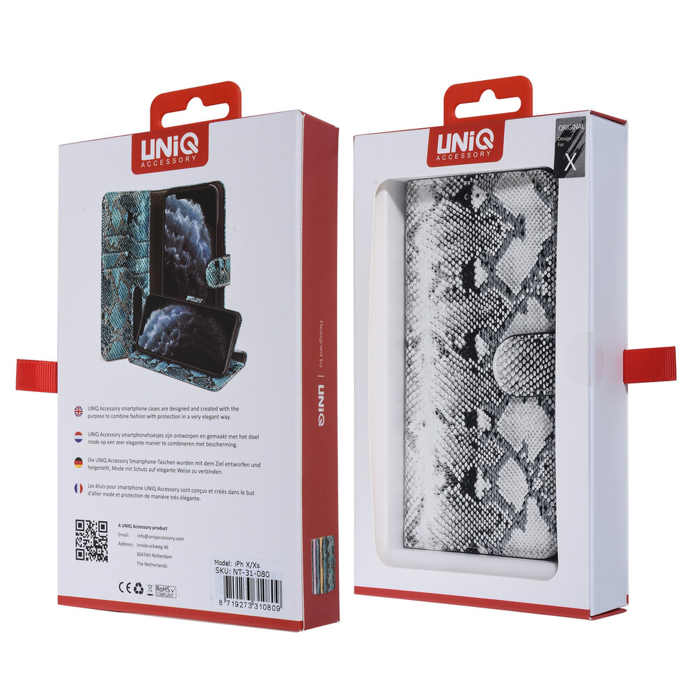 UNIQ Accessory UNIQ Accessory iPhone X-Xs Noir et Blanc Peau de serpent Book type housse UNIQ Accessory UNIQ Accessory iPhone X-Xs Noir et Blanc Peau de serpent Book type housse