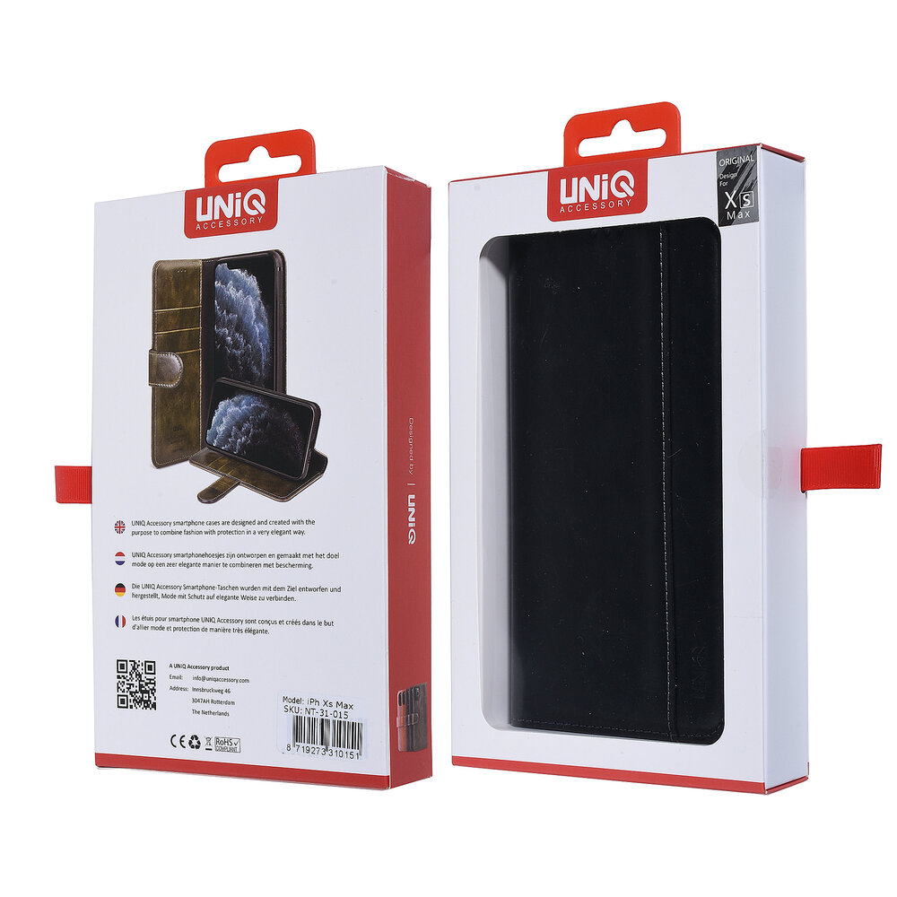 UNIQ Accessory UNIQ Accessory Zwart hoesje iPhone Xs Max - Book Case - Zachte huid UNIQ Accessory UNIQ Accessory Zwart hoesje iPhone Xs Max - Book Case - Zachte huid