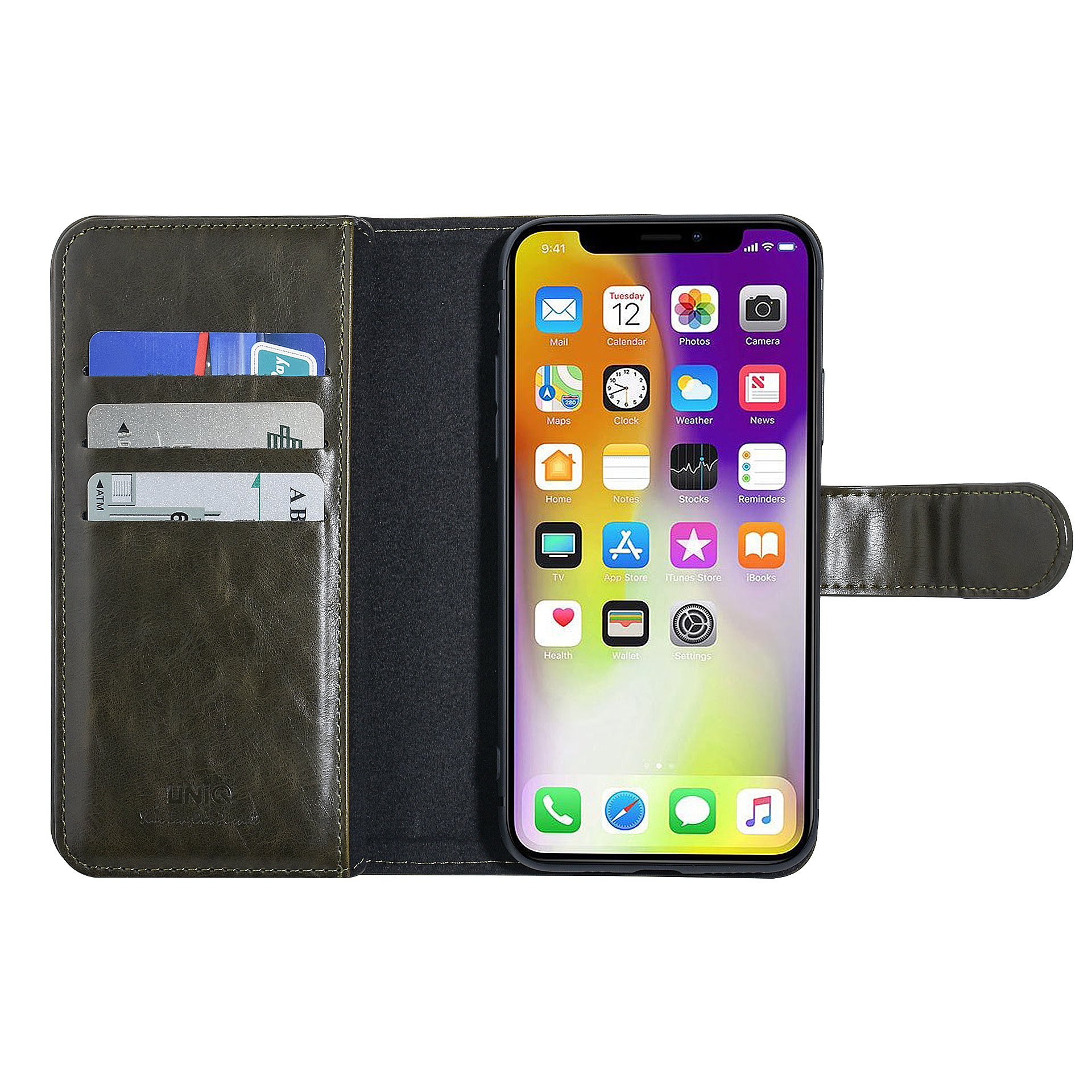 UNIQ Accessory UNIQ Accessory Donkergroen hoesje iPhone X-Xs - Book Case - Zachte huid, foto 4 van 6