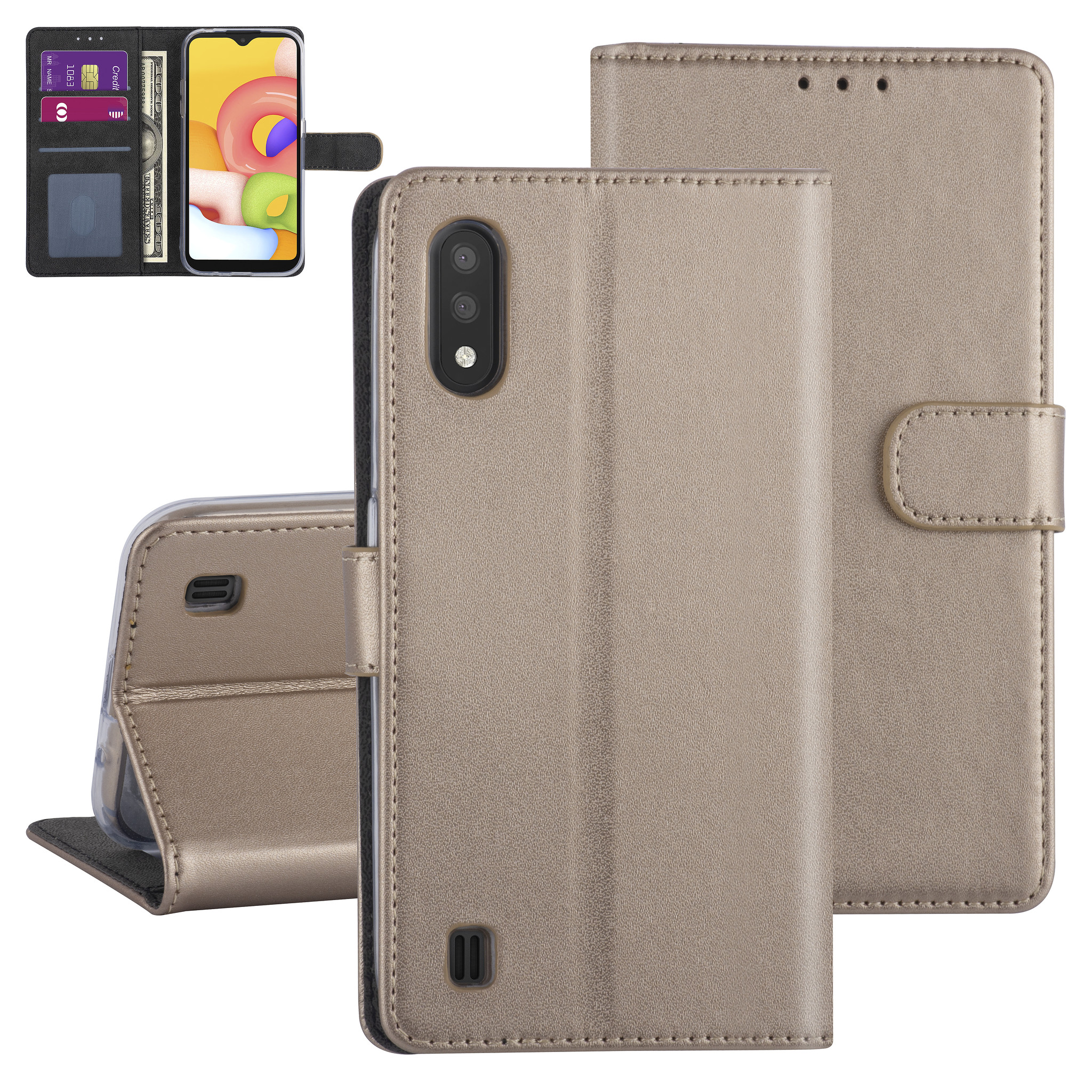 Goud hoesje Samsung Galaxy A01 - Book Case - Kaarthouder (A015F)
