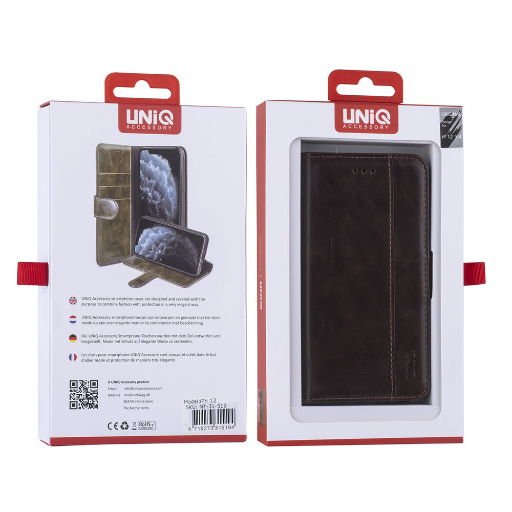 UNIQ Accessory iPhone 12 Mini Book Case hoesje - Donker Bruin - PU leather UNIQ Accessory iPhone 12 Mini Book Case hoesje - Donker Bruin - PU leather
