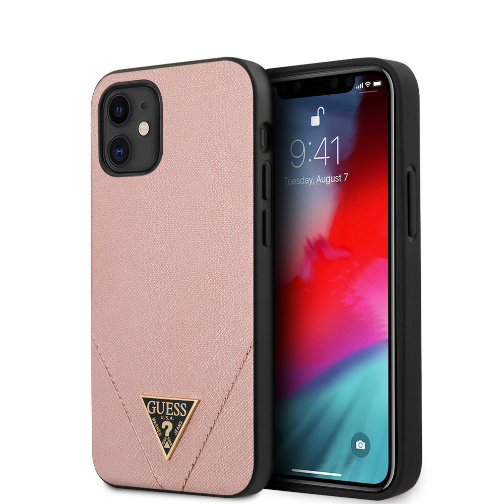 Guess Guess Apple iPhone 12 Mini Pink Back cover case - Saffiano Stitch Guess Guess Apple iPhone 12 Mini Pink Back cover case - Saffiano Stitch
