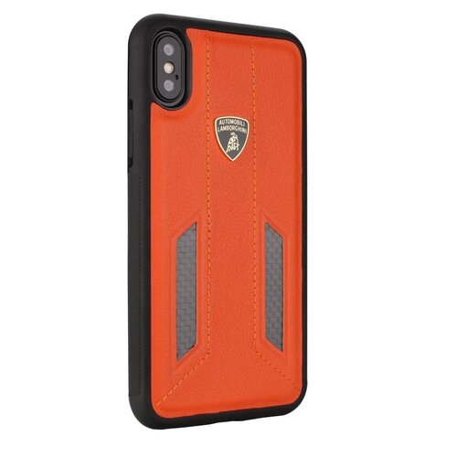 Lamborghini Lamborghini Back-Cover hul Apple iPhone X-Xs D6 Serie Orange -Genuine Leather - Echt leer