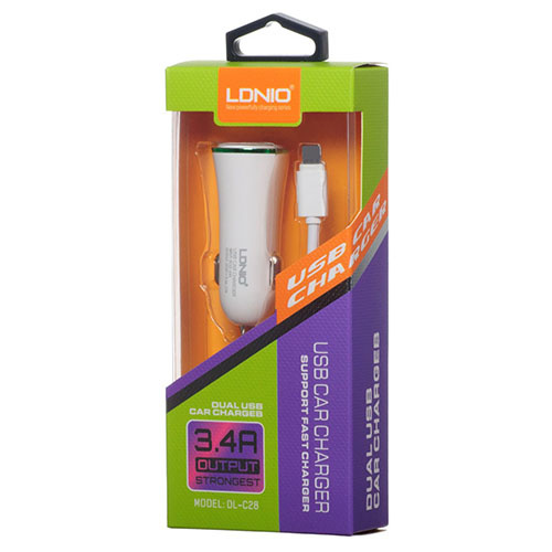 LDNIO DL-C28 3.4A 2 Port USB Car Charger met Lightning Kabel - Wit, foto 2 van 2