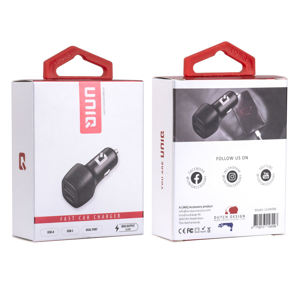 UNIQ Accessory UNIQ Accessory 2.4A 36 Watt Chargeur de Voiture Rapide Double Port - USB - USB Type-C - Noir UNIQ Accessory UNIQ Accessory 2.4A 36 Watt Chargeur de Voiture Rapide Double Port - USB - USB Type-C - Noir