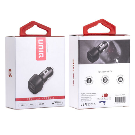 UNIQ Accessory UNIQ Accessory 2.4A 36 Watt Chargeur de Voiture Rapide Double Port - USB - USB Type-C - Noir UNIQ Accessory UNIQ Accessory 2.4A 36 Watt Chargeur de Voiture Rapide Double Port - USB - USB Type-C - Noir