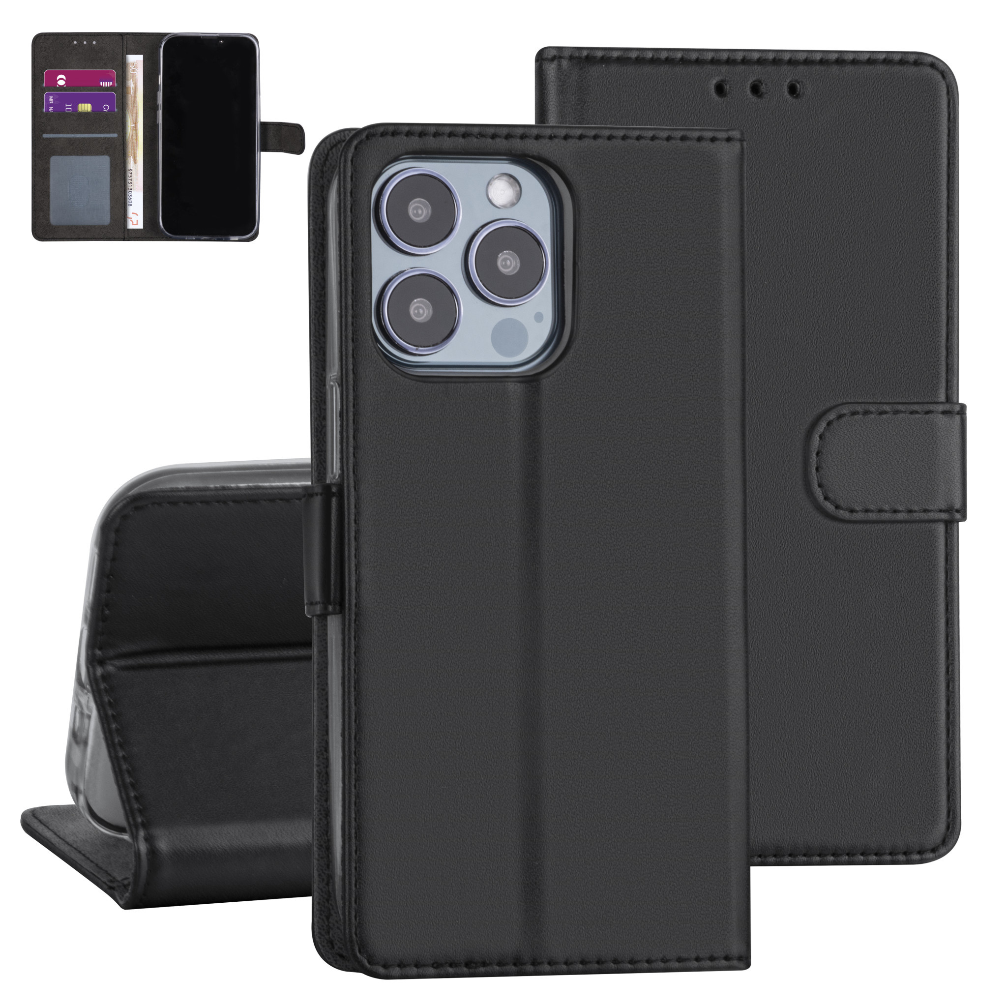 iPhone 13 Pro Booktype hoesje - Zwart - Pasjeshouder - Magneetsluiting