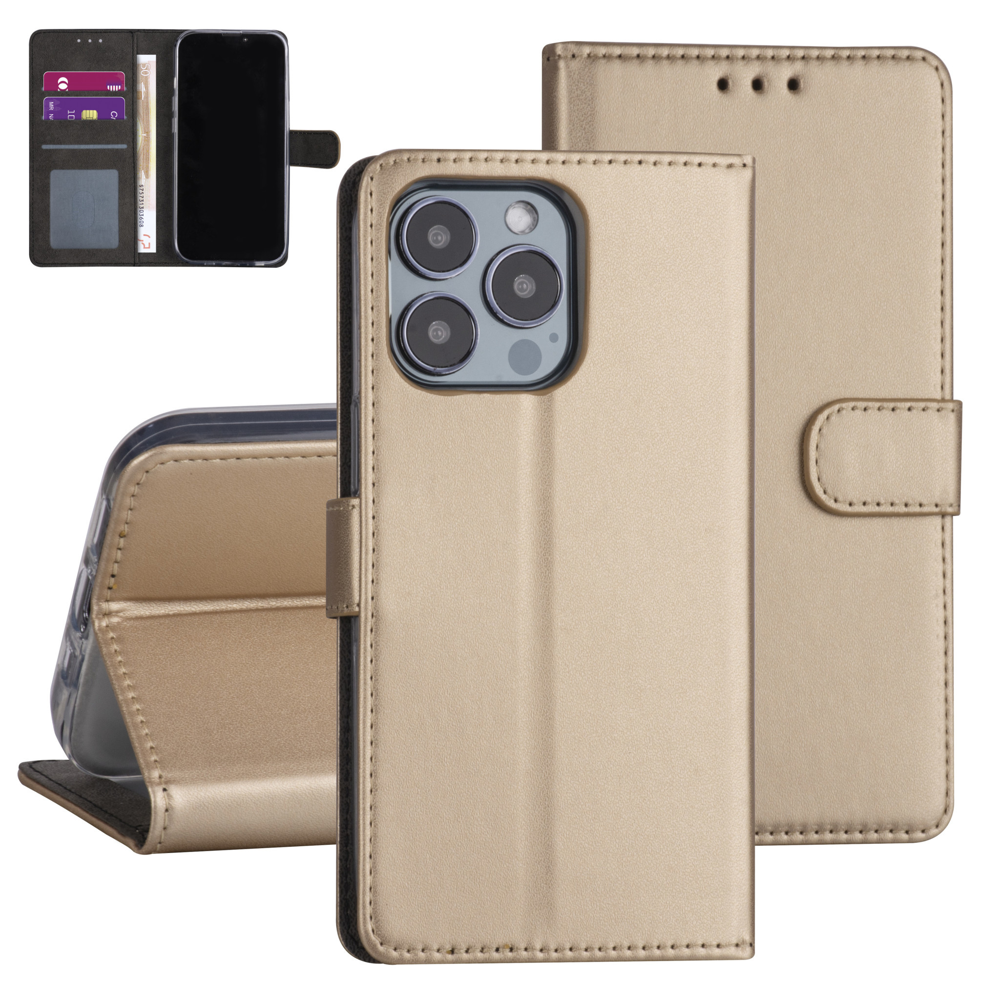 iPhone 13 Pro Booktype hoesje - Goud - Pasjeshouder - Magneetsluiting
