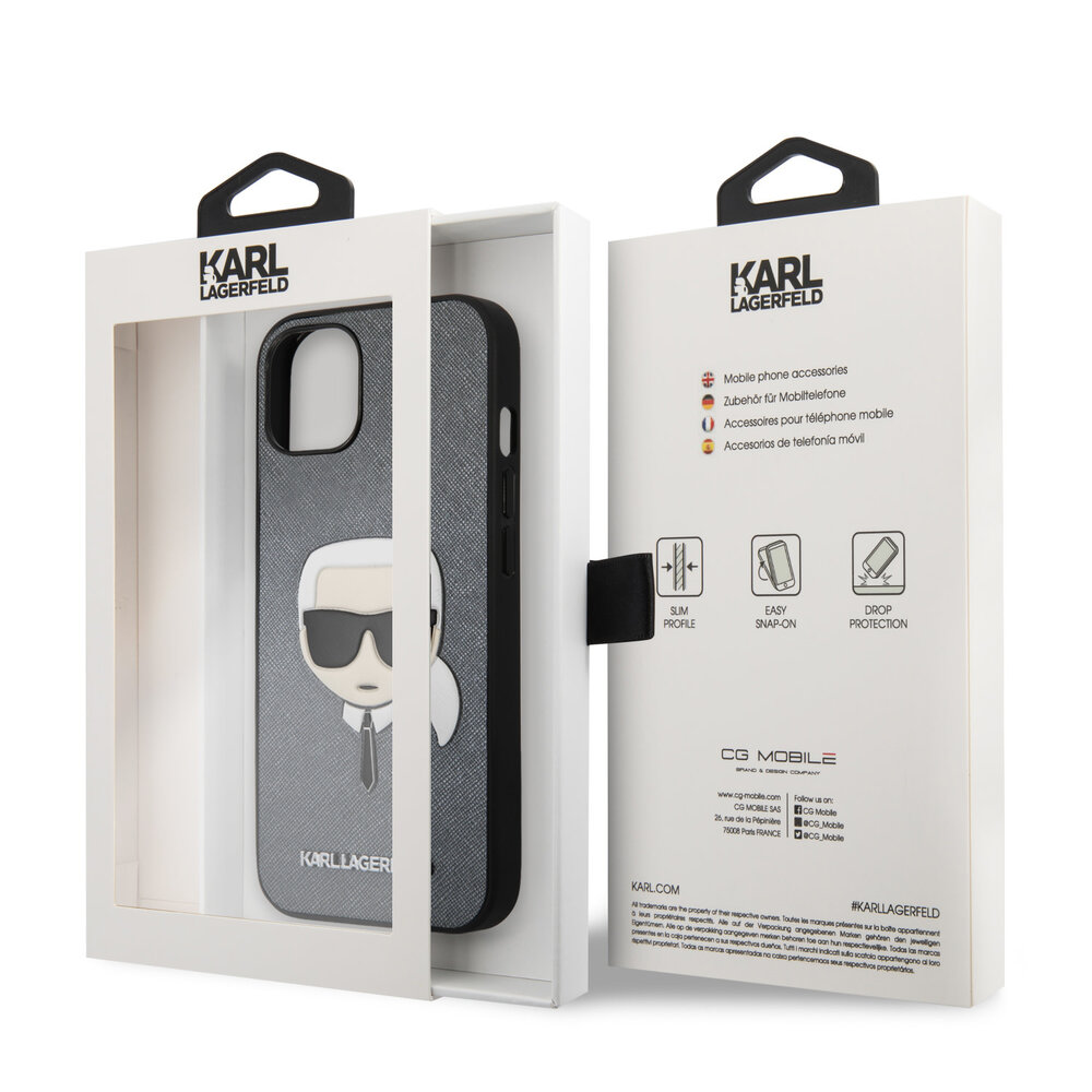 Karl Lagerfeld Karl Lagerfeld iPhone 13 Mini Hardcase Backcover - Karl's head - Zilver Karl Lagerfeld Karl Lagerfeld iPhone 13 Mini Hardcase Backcover - Karl's head - Zilver