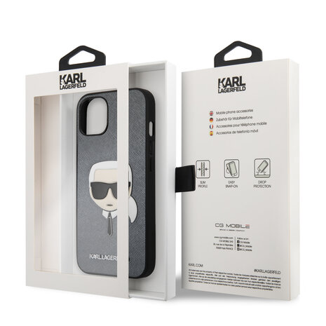 Karl Lagerfeld Karl Lagerfeld iPhone 13 Mini Hardcase Backcover - Karl's head - Zilver Karl Lagerfeld Karl Lagerfeld iPhone 13 Mini Hardcase Backcover - Karl's head - Zilver