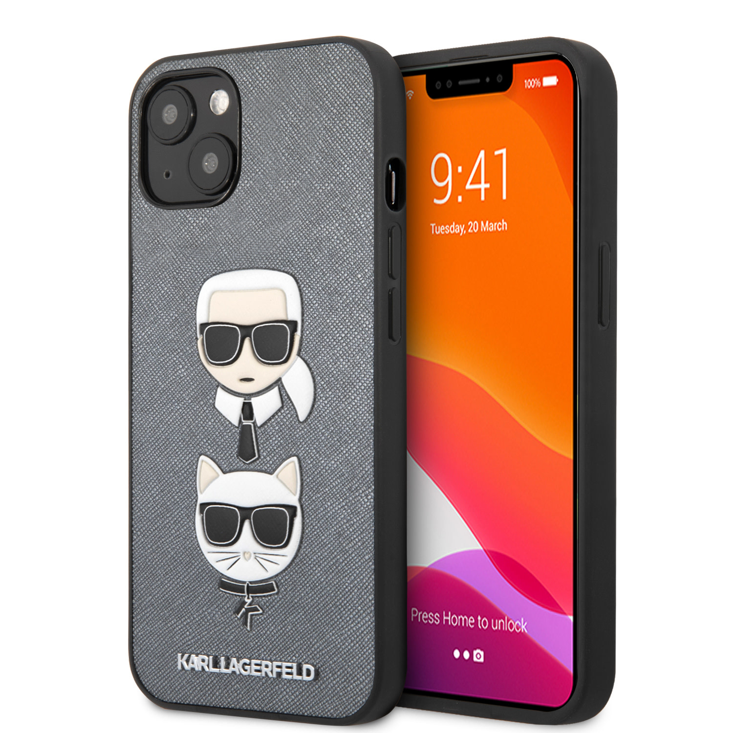 Karl Lagerfeld Karl Lagerfeld iPhone 13 Mini Hardcase Backcover - Karl & Choupette Heads - Zilver