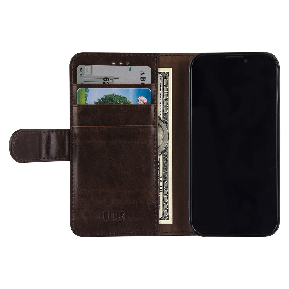 UNIQ Accessory UNIQ Accessory Book type case iPhone 13 Mini - Card holder - Magnetic closure - Brown UNIQ Accessory UNIQ Accessory Book type case iPhone 13 Mini - Card holder - Magnetic closure - Brown