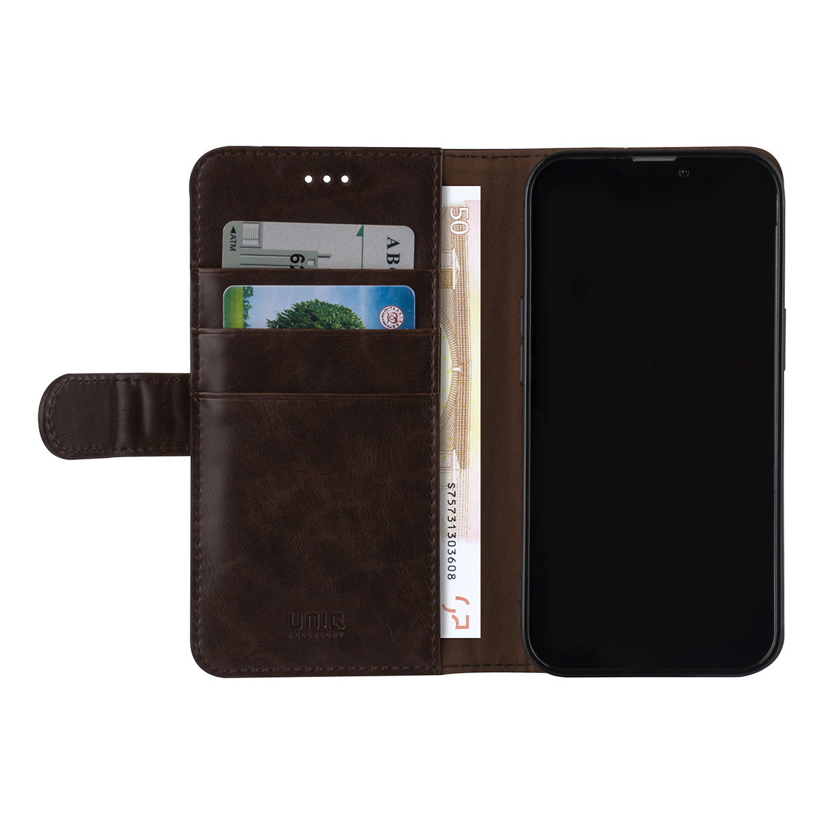 UNIQ Accessory UNIQ Accessory Donker Bruin hoesje voor iPhone 13 & 14 - Book Case - Pasjeshouder voor 3 pasjes - Magneetsluiting, foto 4 van 5