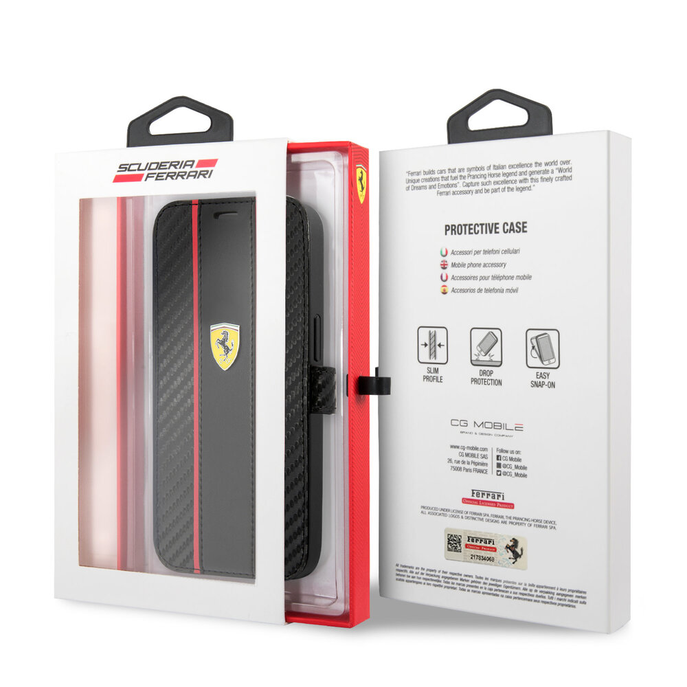 Ferrari Ferrari iPhone 13 Mini Book Case hoesje - Smooth Tire Stripe - Zwart Ferrari Ferrari iPhone 13 Mini Book Case hoesje - Smooth Tire Stripe - Zwart