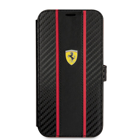 Ferrari Ferrari iPhone 13 Mini Book Case hoesje - Smooth Tire Stripe - Zwart Ferrari Ferrari iPhone 13 Mini Book Case hoesje - Smooth Tire Stripe - Zwart