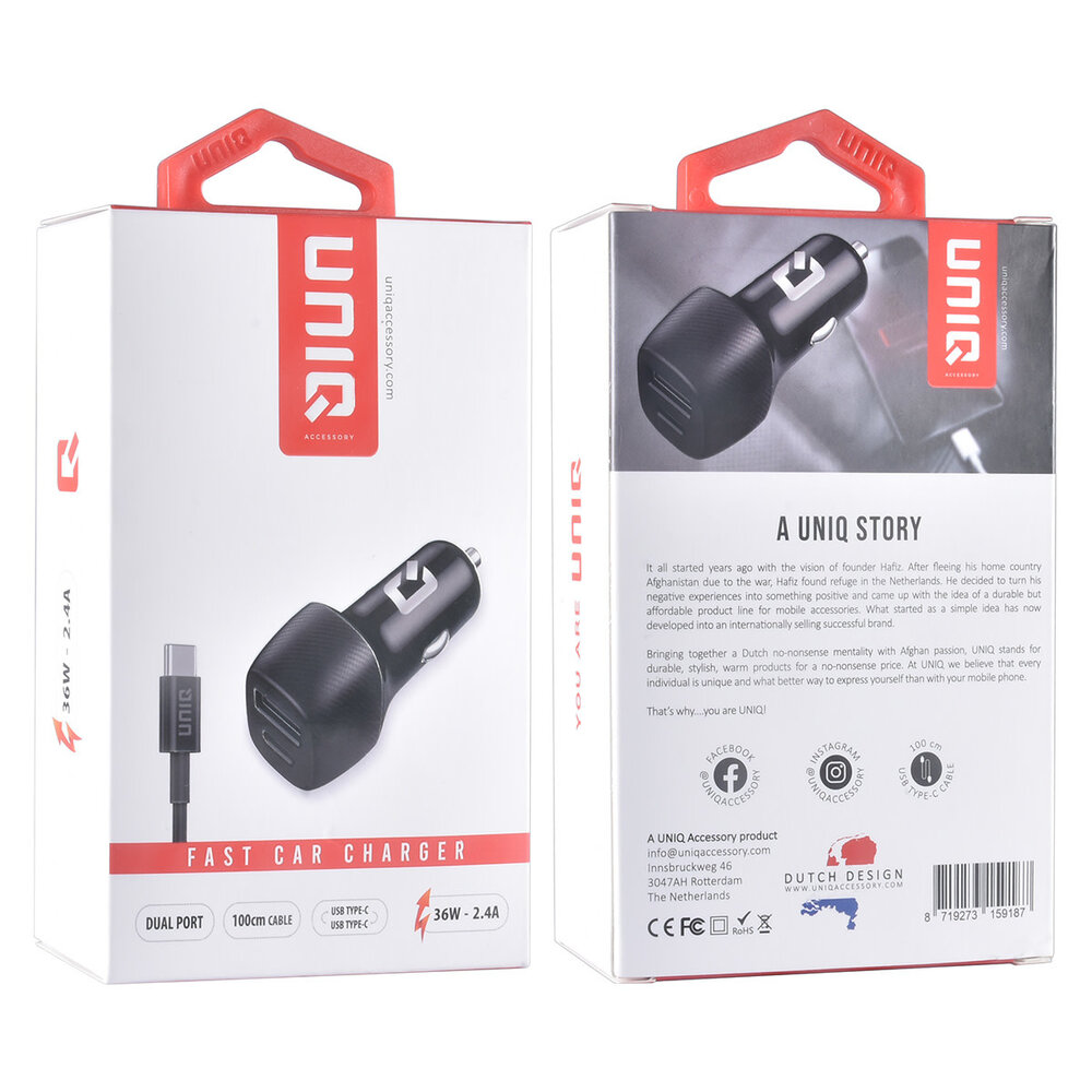 UNIQ Accessory UNIQ Accessory 2.4A 36 Watt Dual port Snelle Autolader - met kabel - USB Type-C - Zwart UNIQ Accessory UNIQ Accessory 2.4A 36 Watt Dual port Snelle Autolader - met kabel - USB Type-C - Zwart