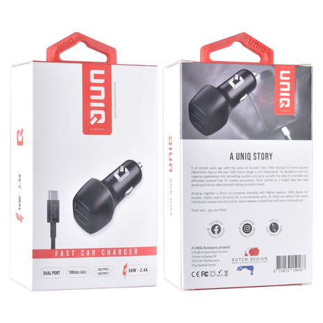 UNIQ Accessory Accessoire UNIQ Chargeur de voiture rapide à deux ports 2,4 A et 36 W - avec câble USB Type-C UNIQ Accessory Accessoire UNIQ Chargeur de voiture rapide à deux ports 2,4 A et 36 W - avec câble USB Type-C