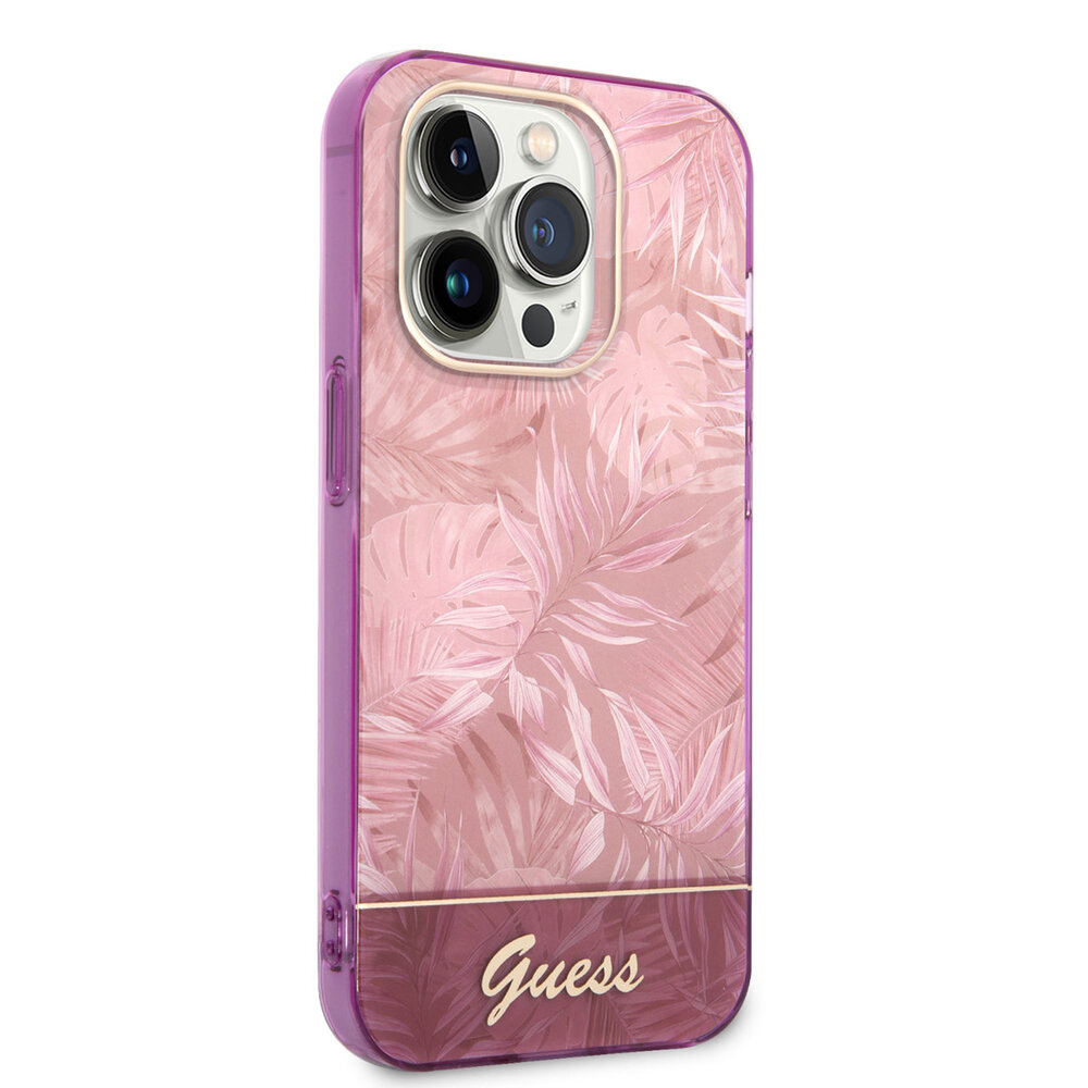 Guess Guess iPhone 14 Pro Hardcase Backcover - Jungle Collection - Pink Guess Guess iPhone 14 Pro Hardcase Backcover - Jungle Collection - Pink