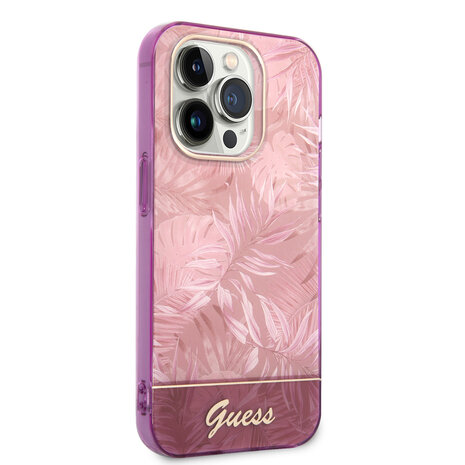 Guess Guess iPhone 14 Pro Hardcase Backcover - Jungle Collection - Pink Guess Guess iPhone 14 Pro Hardcase Backcover - Jungle Collection - Pink
