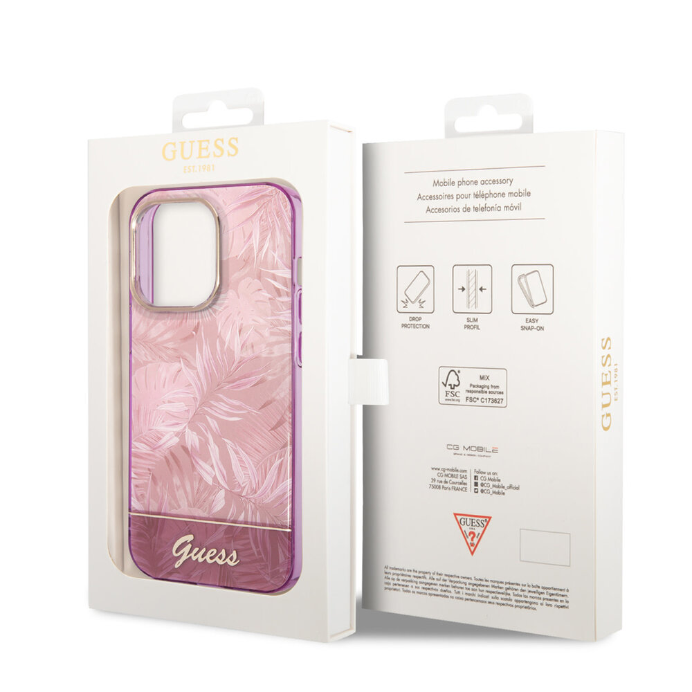 Guess Guess iPhone 14 Pro Hardcase Backcover - Jungle Collection - Pink Guess Guess iPhone 14 Pro Hardcase Backcover - Jungle Collection - Pink