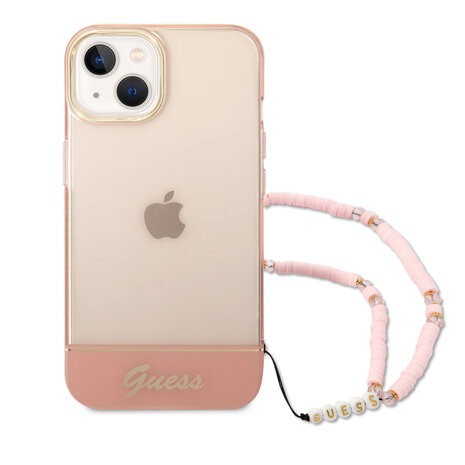 Guess Guess iPhone 14 & 15 Plus Hardcase Backcover - Translucent - with strap - Pink Guess Guess iPhone 14 & 15 Plus Hardcase Backcover - Translucent - with strap - Pink