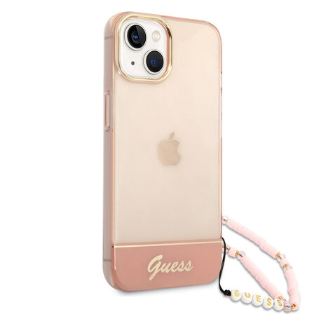 Guess Guess iPhone 14 & 15 Plus Hardcase Backcover - Translucent - with strap - Pink Guess Guess iPhone 14 & 15 Plus Hardcase Backcover - Translucent - with strap - Pink