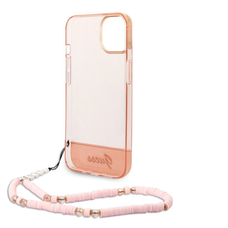 Guess Guess iPhone 14 & 15 Plus Hardcase Backcover - Translucent - with strap - Pink Guess Guess iPhone 14 & 15 Plus Hardcase Backcover - Translucent - with strap - Pink