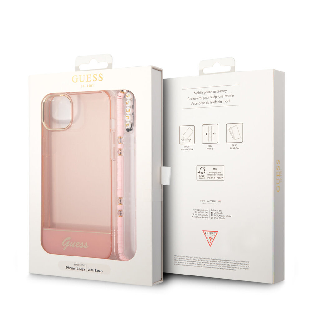 Guess Guess iPhone 14 & 15 Plus Hardcase Backcover - Translucent - with strap - Pink Guess Guess iPhone 14 & 15 Plus Hardcase Backcover - Translucent - with strap - Pink