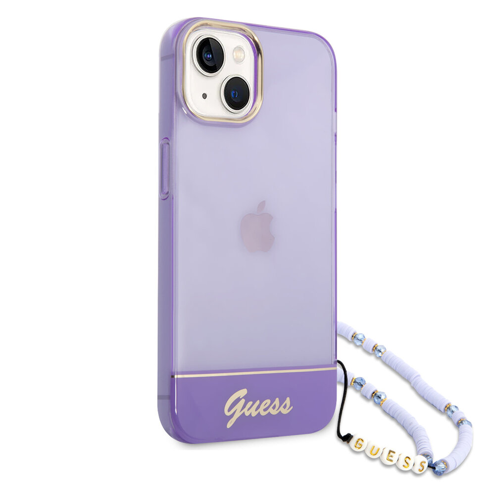 Guess Guess iPhone 14 & 15 Plus Hardcase Backcover - Doorzichtig - met koord - Paars Guess Guess iPhone 14 & 15 Plus Hardcase Backcover - Doorzichtig - met koord - Paars