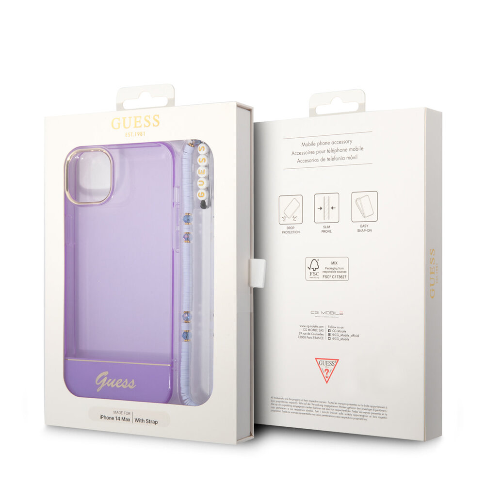 Guess Guess coque arriere rigide pour iPhone 14 & 15 Plus - Translucide - avec sangle - Violet Guess Guess coque arriere rigide pour iPhone 14 & 15 Plus - Translucide - avec sangle - Violet