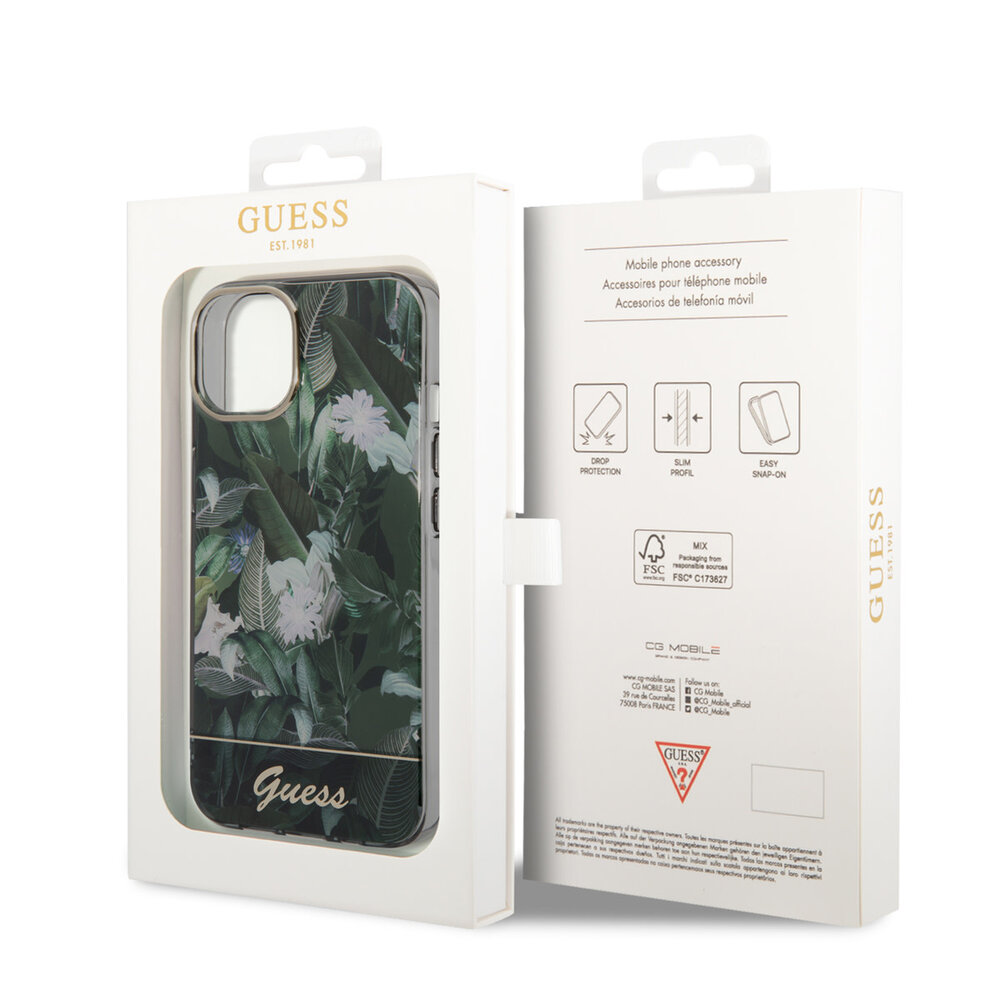 Guess Guess iPhone 14 & 15 Plus Hardcase Backcover - Jungle Collectie - Groen Guess Guess iPhone 14 & 15 Plus Hardcase Backcover - Jungle Collectie - Groen