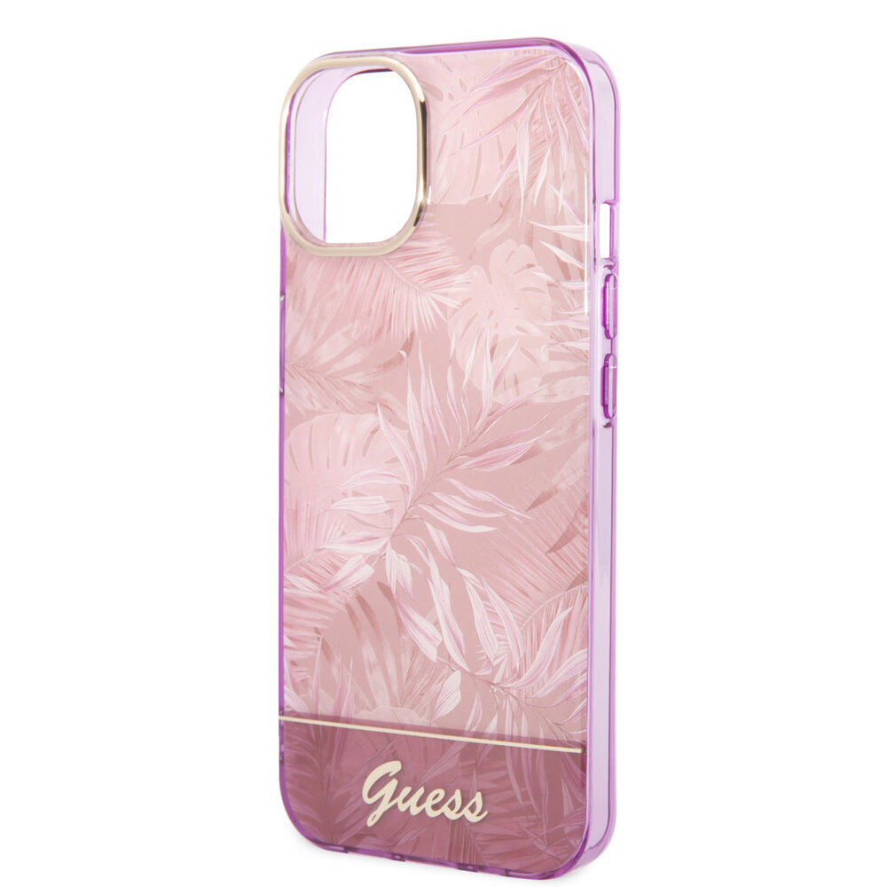 Guess Guess iPhone 14 & 15 Plus Hardcase Backcover - Jungle Collectie - Roze Guess Guess iPhone 14 & 15 Plus Hardcase Backcover - Jungle Collectie - Roze