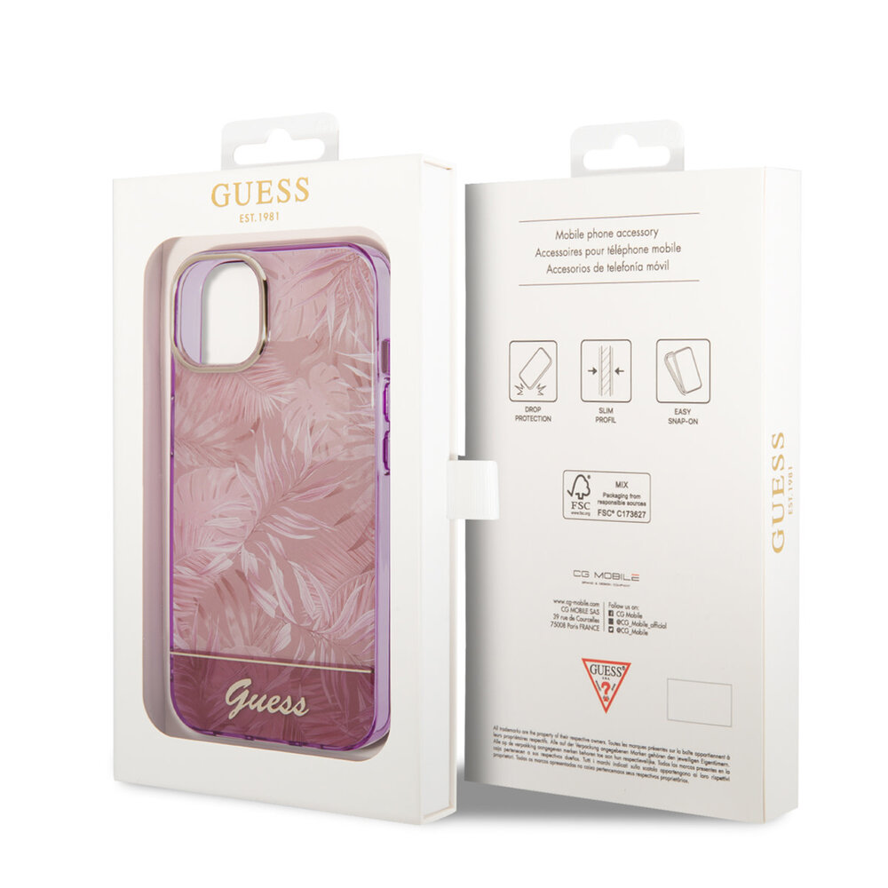 Guess Guess iPhone 14 & 15 Plus Hardcase Hulle - Dschungel-Sammlung - Rosa Guess Guess iPhone 14 & 15 Plus Hardcase Hulle - Dschungel-Sammlung - Rosa