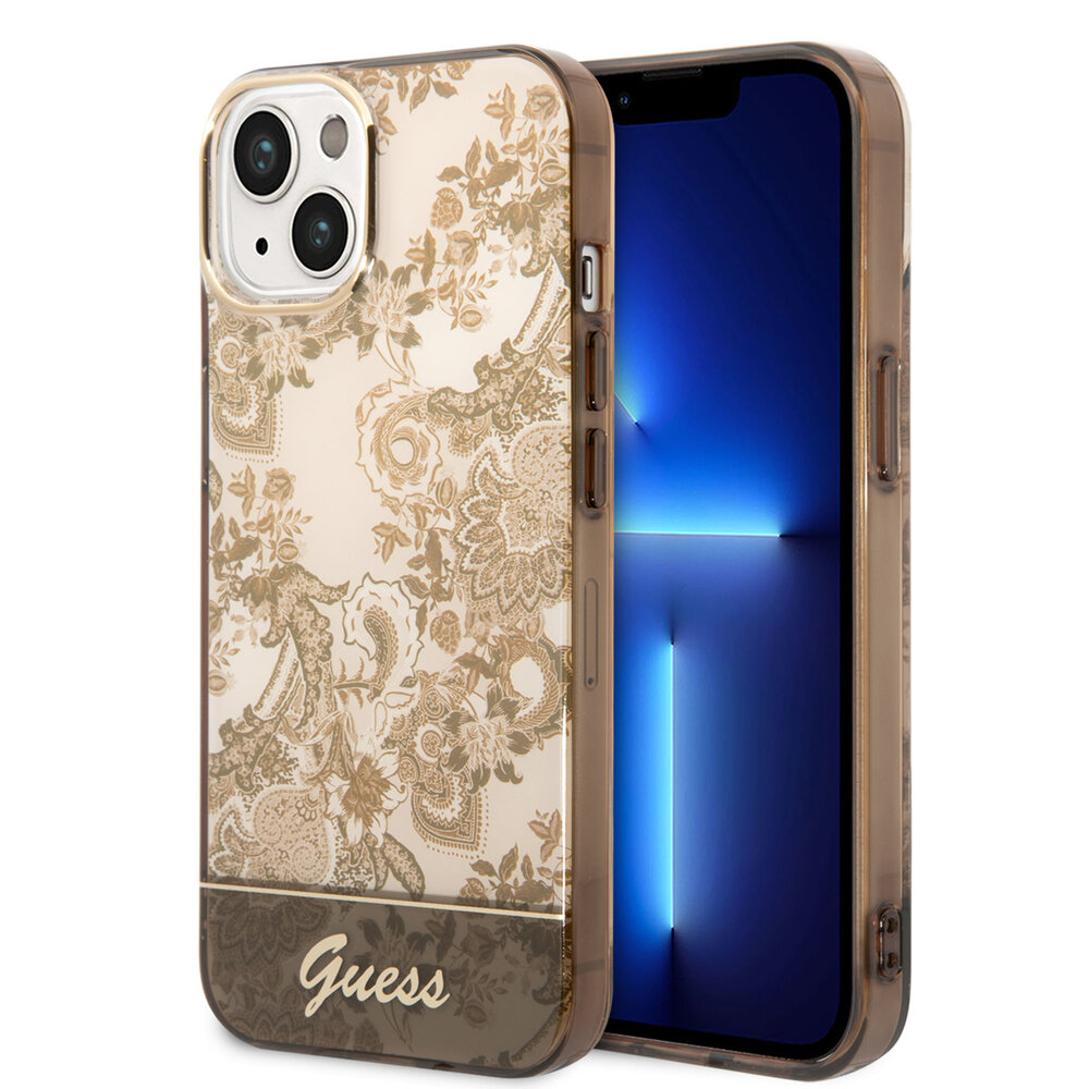 Guess Guess iPhone 14 & 15 Plus Hardcase Backcover - Porselein Collectie - Bruin Guess Guess iPhone 14 & 15 Plus Hardcase Backcover - Porselein Collectie - Bruin