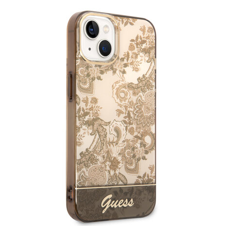 Guess Guess iPhone 14 & 15 Plus Hardcase Backcover - Porselein Collectie - Bruin Guess Guess iPhone 14 & 15 Plus Hardcase Backcover - Porselein Collectie - Bruin