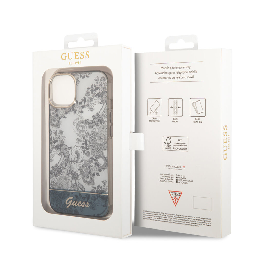 Guess Guess iPhone 14 & 15 Plus Hardcase Backcover - Porselein Collectie - Grijs Guess Guess iPhone 14 & 15 Plus Hardcase Backcover - Porselein Collectie - Grijs