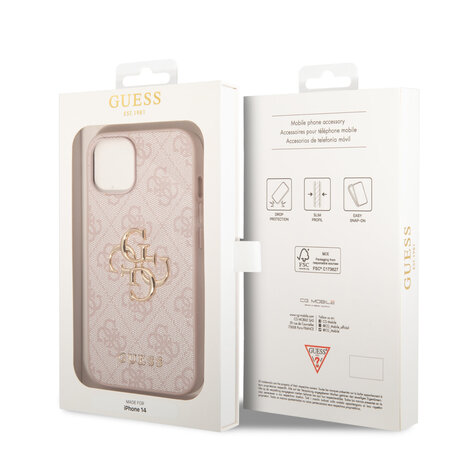 Guess Guess iPhone 14 & 13 Hardcase Backcover - 4G - Big Metal Logo - Roze Guess Guess iPhone 14 & 13 Hardcase Backcover - 4G - Big Metal Logo - Roze