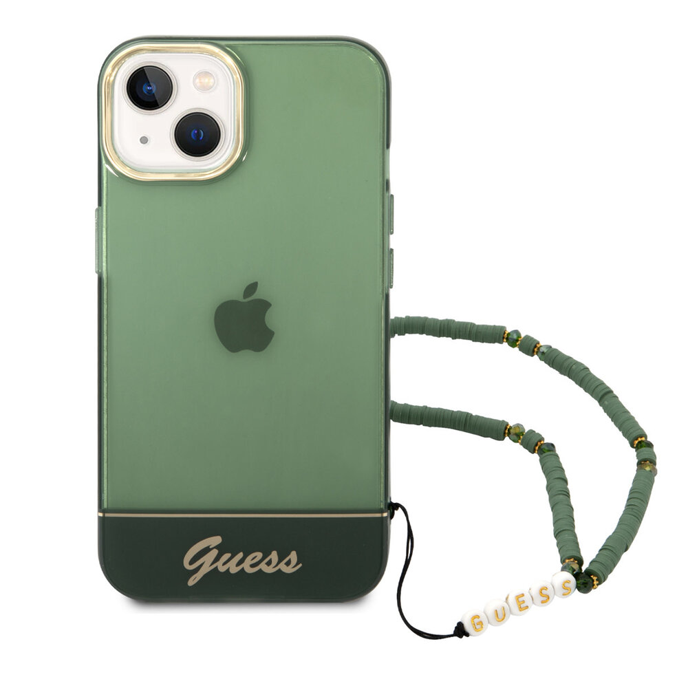 Guess Guess iPhone 14 & 13 Hardcase Hulle - Durchscheinend - mit Riemen - Grun Guess Guess iPhone 14 & 13 Hardcase Hulle - Durchscheinend - mit Riemen - Grun