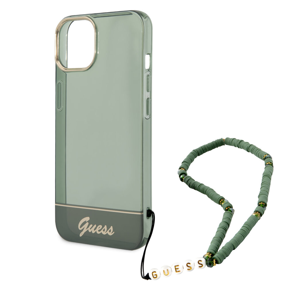 Guess Guess iPhone 14 & 13 Hardcase Backcover - Doorzichtig - met koord - Groen Guess Guess iPhone 14 & 13 Hardcase Backcover - Doorzichtig - met koord - Groen