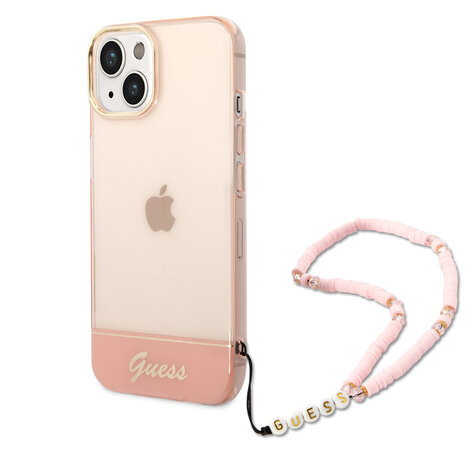Guess Guess iPhone 14 & 13 Hardcase Backcover - Translucent - with strap - Pink Guess Guess iPhone 14 & 13 Hardcase Backcover - Translucent - with strap - Pink