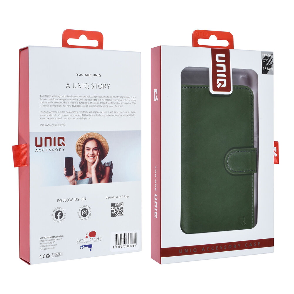UNIQ Accessory UNIQ Accessory 2 in 1 iPhone 13 Mini Green Book type and back cover card holder - magnetic closure UNIQ Accessory UNIQ Accessory 2 in 1 iPhone 13 Mini Green Book type and back cover card holder - magnetic closure