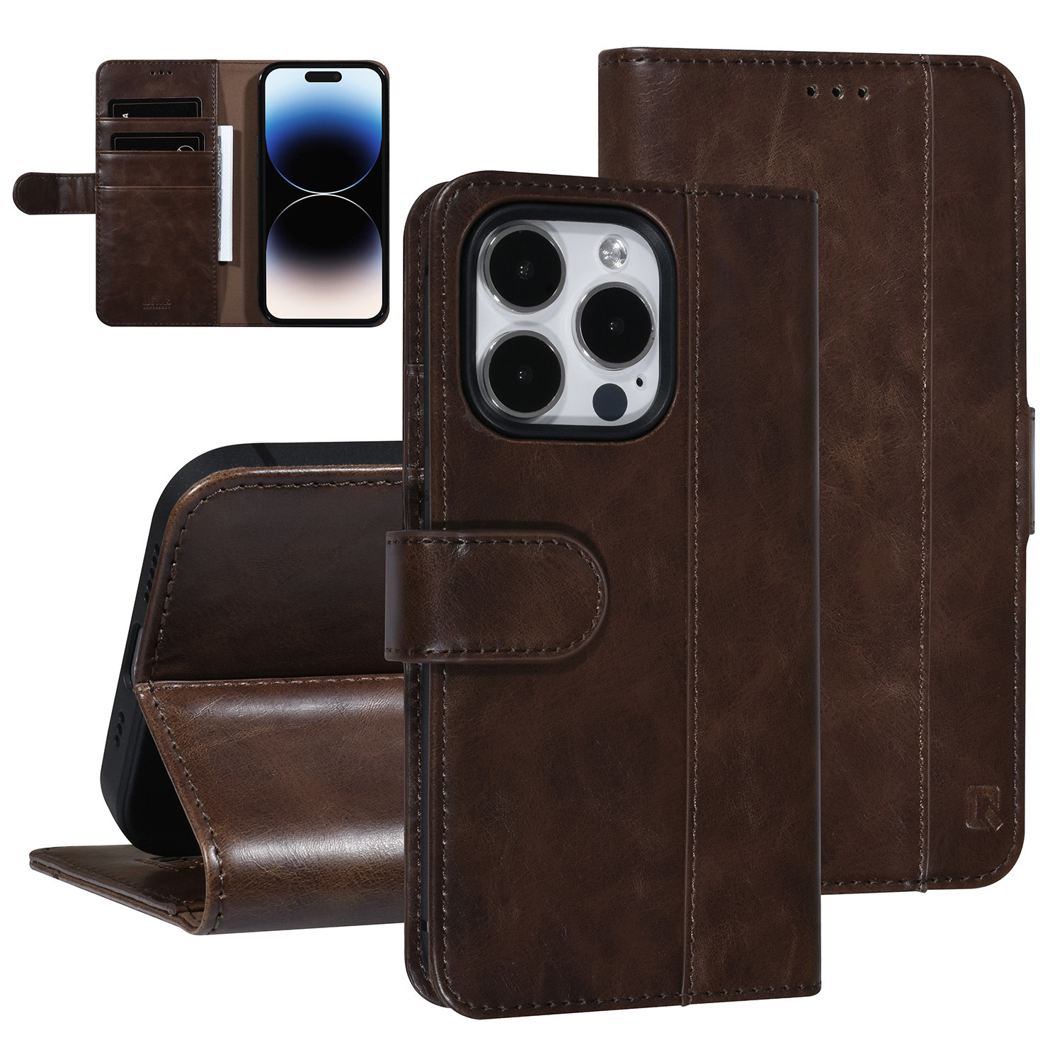 UNIQ Accessory UNIQ Accessory DonkerBruin iPhone 14 Pro Booktype Pasjeshouder voor 3 pasjes - Magneetsluiting