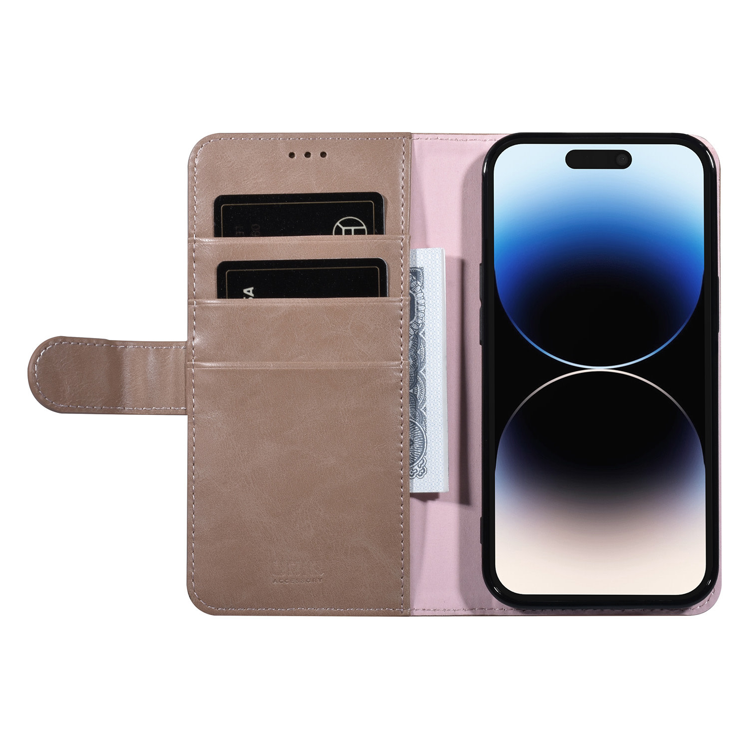 UNIQ Accessory UNIQ Accessory Roze iPhone 14 Pro Booktype Pasjeshouder voor 3 pasjes - Magneetsluiting, foto 4 van 5
