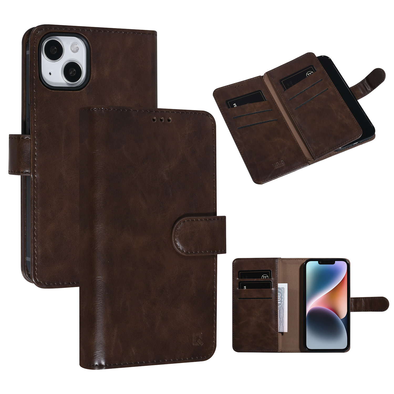 UNIQ Accessory UNIQ Accessory DonkerBruin iPhone 14 & 13 Booktype Pasjeshouder voor 9 pasjes - Magneetsluiting